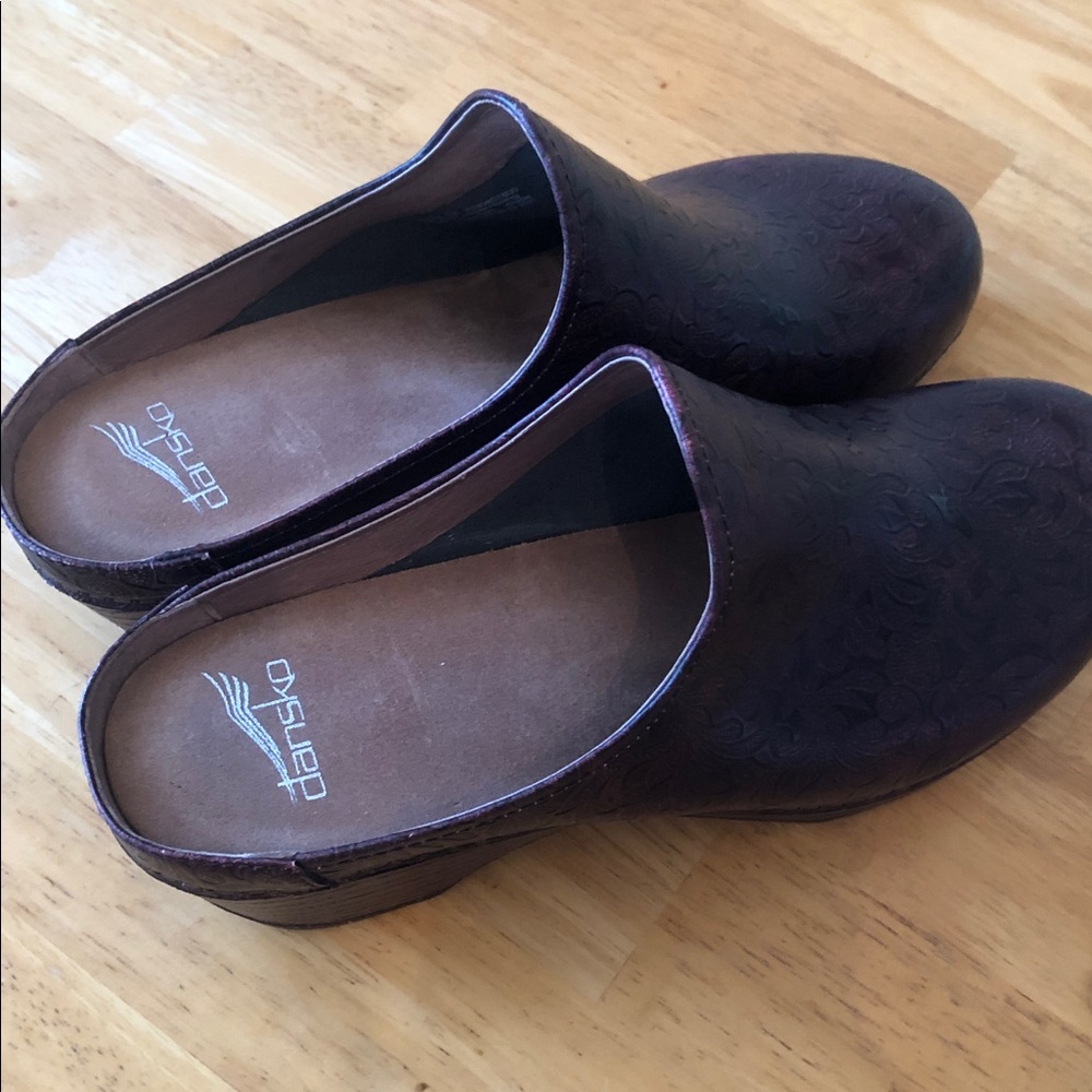 Dansko Iridescent tooled dark Purple Embossed Leather Clogs